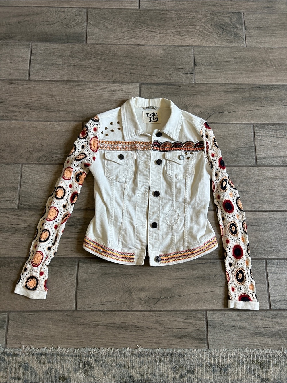Desigual White Denim Jacket with Multicolor Embroidered Sleeves